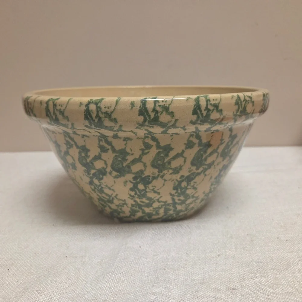 Robinson Ransbottom Green Spongeware Mixing Bowl 10 Inch Roseville Ohio Pottery